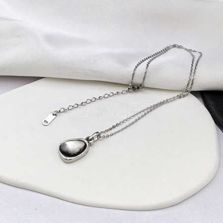 Natural Black Lip Shell 304 Stainless Steel Teardrop Pendant Necklaces for Women WGF5E8A-01-1