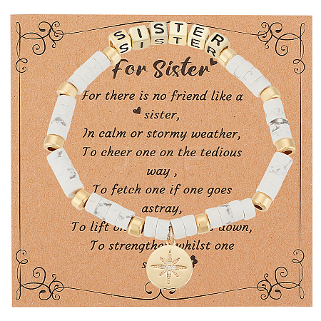 Olycraft Word Sister Synthetic Howlite & Brass Beaded Stretch Bracelet BJEW-OC0001-14-1