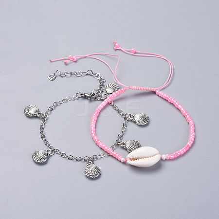Adjustable Glass Seed Bead & Tibetan Style Zinc Alloy Charm Bracelet Sets BJEW-JB04282-01-1
