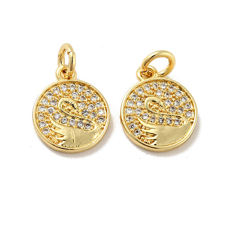 Flat Round with Swan Pattern Brass Micro Pave Clear Cubic Zirconia Charms KK-G425-22G-1