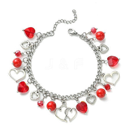 Tibetan Style Alloy & Glass Heart Charm Bracelet with 304 Stainless Steel Curb Chains for Valentine's Day BJEW-TA00311-1