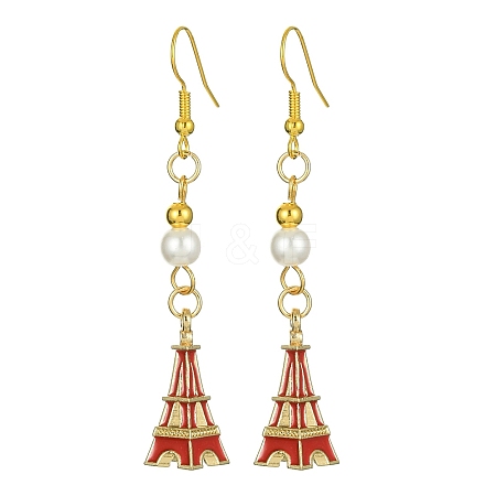 Alloy Enamel Eiffel Tower Dangle Earrings with Imitation Pearl Beaded EJEW-JE05422-05-1