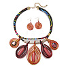 Aluminum Wire Wrapped Resin Beaded Oval Pendant Necklaces & Flat Round Dangle Earrings Sets WGF604D-01-2