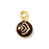 Brass Coconut Brown Enamel Flat Round with Heart European Dangle Charms KK-C113-05G-1
