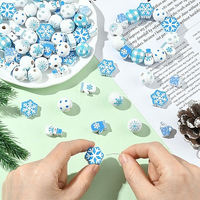 110Pcs 11 Styles Christmas Winter Theme Printed Wood Beads WOOD-YW0001-92-1