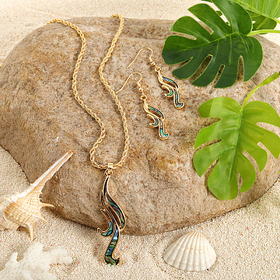 Alloy & Natural Abalone/Paua Shell Pendant Necklaces & Dangle Earrings Sets WGD5CF5-03-1