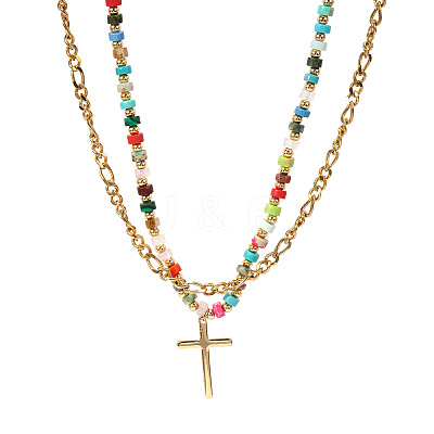 Stainless Steel Religion Cross Pendant Colorful Natural Mixed Gemstone Heishi Beaded Double Layer Necklaces for Women OM0198-1-1