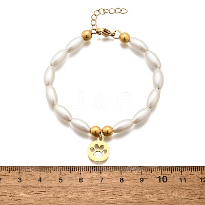304 Stainless Steel Flat Round with Paw Print Charm Bracelets for Women BJEW-C098-11G-1