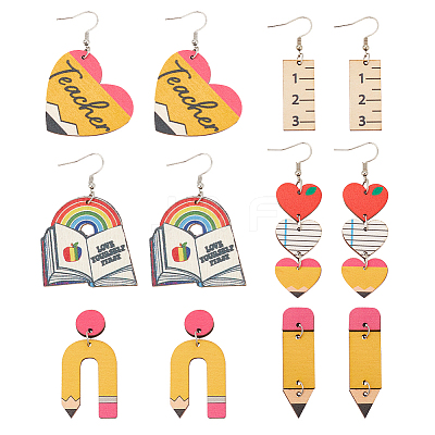 6 Pairs 6 Styles Teachers' Day Wood Dangle Earrings with Iron Pins EJEW-AN0004-85-1