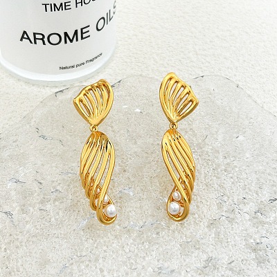 Line Brass Imitation Pearl Dangle Stud Earrings EJEW-M084-01G-1