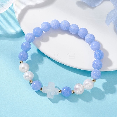 Natural Blue Lace Agate & Cultured Freshwater Pearl Round Beads Stretch Bracelets for Women BJEW-JB13086-01-1
