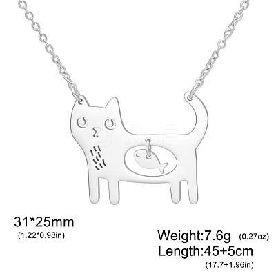 304 Stainless Steel Holow Cute Cat with Fish Pendant Necklaces for Women WGEC842-01-1