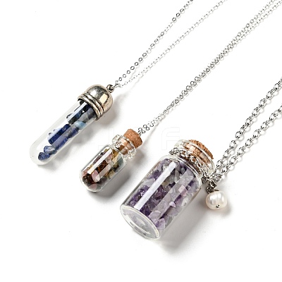 3Pcs 3 Styles Glass Wishing Bottle Pendant Necklaces NJEW-FS0001-02-1