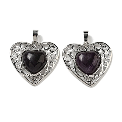 Natural Amethyst Peach Love Heart Pendants G-G158-01N-1