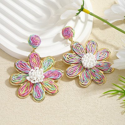 Flower Alloy Raffia Dangle Stud Earrings FS-WGFD46F-05-1