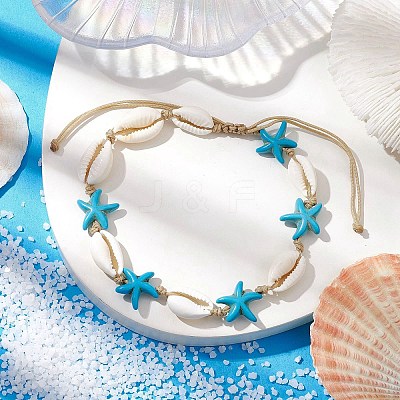 Natural Mixed Cowrie Shell with Synthetic Turquoise Beaded Anklets AJEW-AN00596-04-1