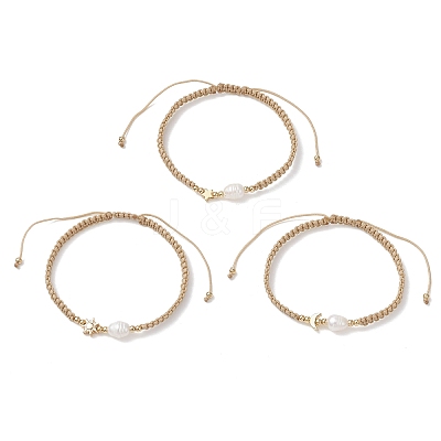 3Pcs Natural Cultured Freshwater Pearl & Brass & 304 Stainless Steel Beads Braided Bead Bracelets for Women BJEW-JB13108-1
