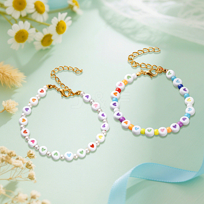 8Pcs 2 Colors Flat Round with Heart Acrylic Beads Bracelets for Women BJEW-HY0001-16-1