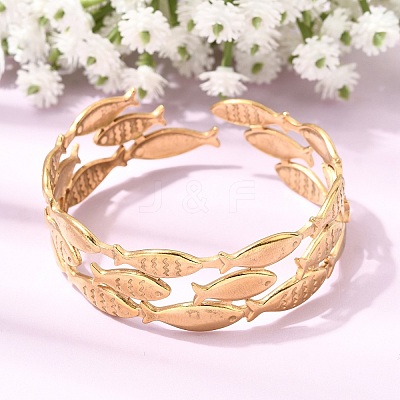 Fish 304 Stainless Steel Cuff Bangles for Women BJEW-A155-02G-1