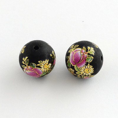 Flower Picture Frosted Glass Round Beads LS-GFB-R004-14mm-V17-1