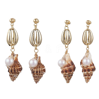 Alloy Natural Shell Beaded Dangle Stud Earrings EJEW-JE06268-1
