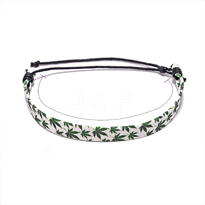 Printed Maple Leaf Pattern Cloth & Waxed Cord Braided Bracelets for Men Women FS-WG27F11-01-1