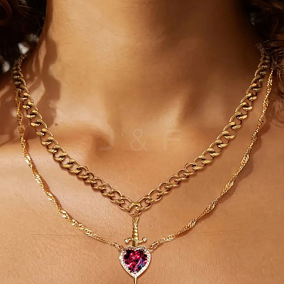 2Pcs Sword & Heart Zinc Alloy Light Siam Rhinestone Pendant Double Layer Necklaces for Women FS-WG484C5-01-1