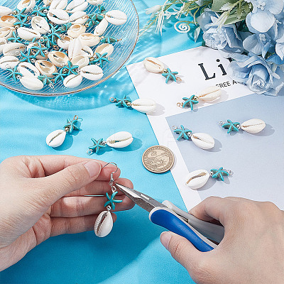40Pcs 2 Colors Natural Cowrie Shell & Synthetic Turquoise Starfish Pendants PALLOY-HY00105-1