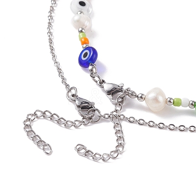 2Pcs 2 Style Natural Pearl & Evil Eye Beaded Necklaces with Bear Pendant for Women NJEW-TA00019-1