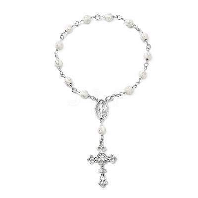 Acrylic Round with Cross Pattern Beaded Charm Bracelets for Women BJEW-JB11347-01-1