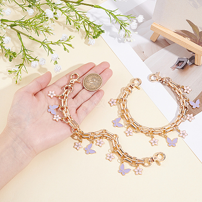 2Pcs Alloy Enamel Lilac Butterfly and Pink Flower Pendant Aluminum Bag Decorative Chains HJEW-BBC0001-38-1