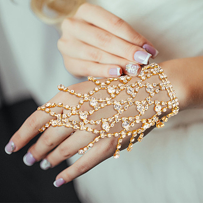 2Pcs 2 Colors Crystal Rhinestone Chain Tassel Ring Bracelets Set BJEW-AN0001-19-1