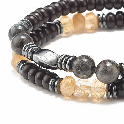 2Pcs 2 Style Coconut & Natural Larvikite & Watermelon Stone Glass Stretch Bracelets Set BJEW-JB07832-1