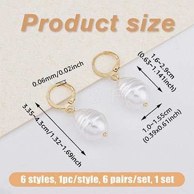 6 Pair 6 Style Natural Pearl Dangle Leverback Earrings EJEW-AN0003-56-1