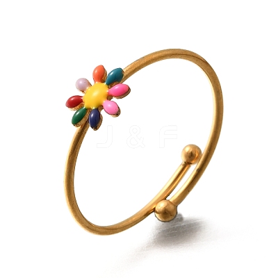Daisy 304 Stainless Steel Enamel Open Cuff Rings for Women RJEW-M061-01G-06-1