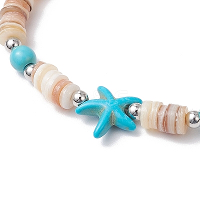 2Pcs Starfish & Tortoise Natural Freshwater Shell with Synthetic Turquoise Beads Stretch Bracelets for Men Women BJEW-JB11745-1