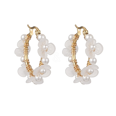 Shell Pearl & Acrylic Beaded Flower Hoop Earrings EJEW-TA00747-1