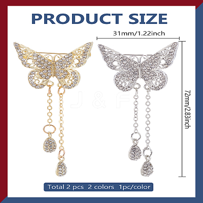 2Pcs 2 Colors Hollow Butterfly Zinc Alloy Crystal Rhinestone Teardrop Tassel Brooches JEWB-LP0001-01-1