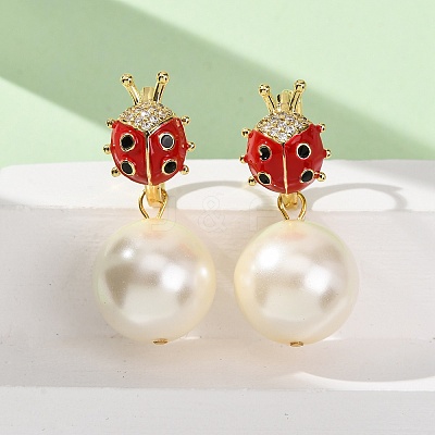 Ladybug with Round Brass Micro Pave Cubic Zirconia Hoop Earrings EJEW-Z164-26G-1
