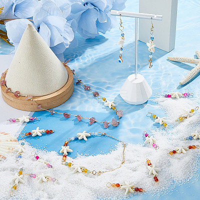 24Pcs 4 Colors Summer Beach Dyed Synthetic Turquoise Starfish & Natural Mixed Stone Faceted Round Beaded Connector Charms PALLOY-FH00159-1