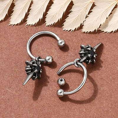 Flower 316 Surgical Stainless Steel & Black Glass Dangle Half Hoop Earrings for Women EJEW-G416-49AS-1