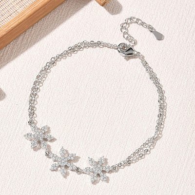 Brass Micro Pave Clear Cubic Zirconia Triple Flower Link 2-Strand Bracelets KK-CBA6980-16P-1