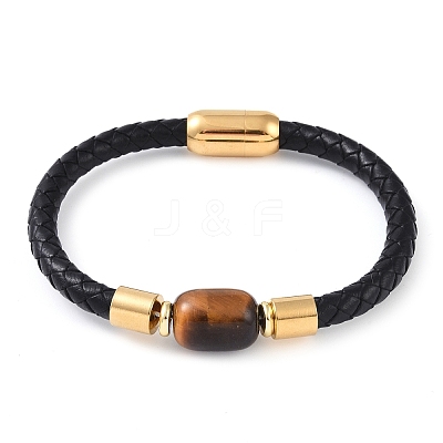 Column Natural Tiger Eye Bead Leather Cord Bracelets BJEW-A009-03G-1