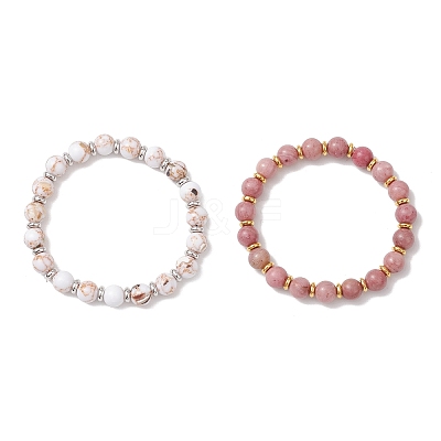 2Pcs Sea Shell & Synthetic Turquoise Assembled & Natural Rhodochrosite Beads Stretch Bracelet Set for Men Women BJEW-JB12125-1