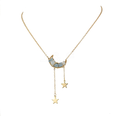 Natural Aquamarine Chip Beads Moon Pendant Brass Cable Chain Necklaces for Women NJEW-TA00257-04-1