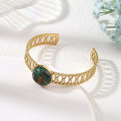 Synthetic Bronzite and Malachite Half Round 304 Stainless Steel Hollow Cuff Bangle for Women BJEW-JB14491-01-1