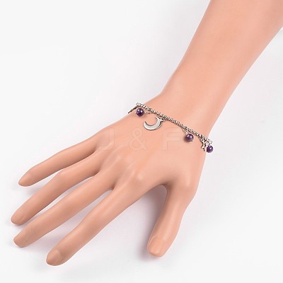 Moon & Star Stainless Steel Gemstone Charm Bracelets BJEW-JB01935-03-1