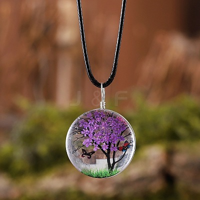 Flat Round Glass with Dried Flower Tree Inner Pendant Black Waxed Cord Necklaces FS-WG87A6D-16-1