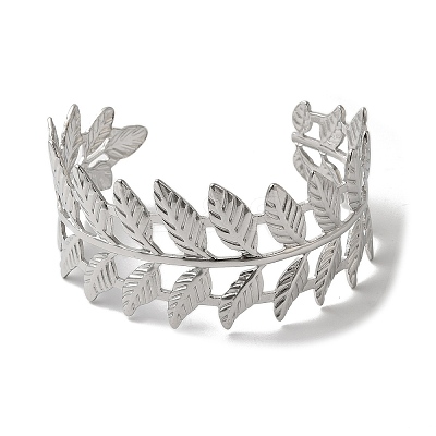 Stainless Steel Hollow Leaf Open Cuff Bangles for Women BJEW-G719-14P-1
