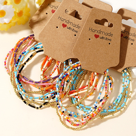 Boho Brass and Colorful Glass Seed Beaded Stretch Bracelet Set XU0240-1